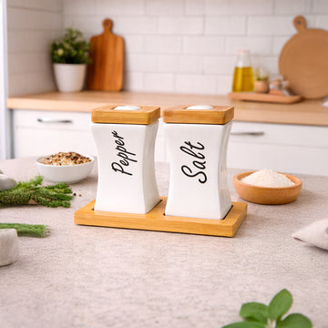 Juego de Salero y Pimentero de Cerámica y Bambú