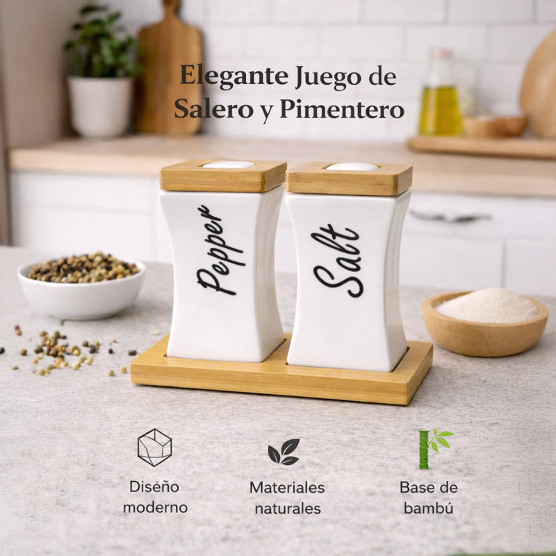 Juego de Salero y Pimentero de Cerámica y Bambú