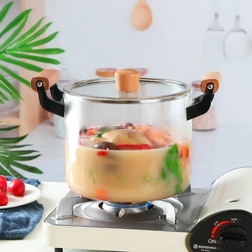 Olla de vidrio borosilicato con asa de madera