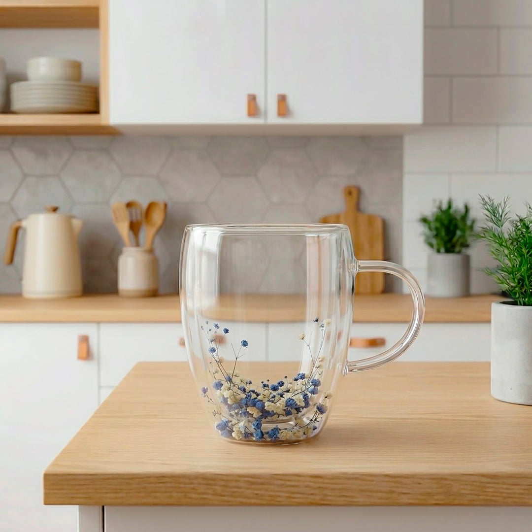 Taza de Vidrio Doble Pared con Flores